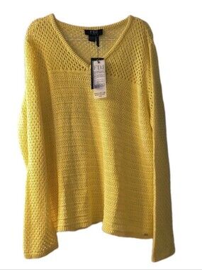 French Dressing Jeans Yellow Open-Knit V-Neck Tunic Beachy Resort Boho XXL